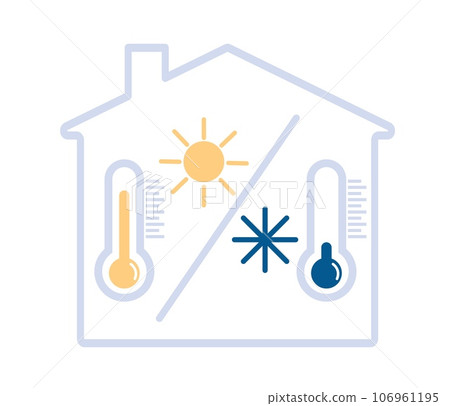 Air conditioning and comfortable temperature in house. Home thermometers. Winter cold. Summer heat. Apartment ventilation. Sun or snowflake icons. Meteorology symbol. Vector concept 106961195