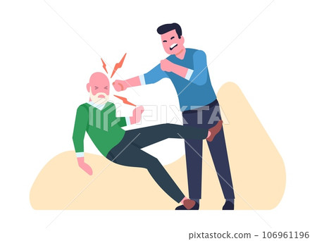 Aggressive man beating old man with fists. Males fight. Abusive communication. Grandpa falling from hit. Angry guy bullying grandfather. Elderly father and son quarrel. Vector concept 106961196