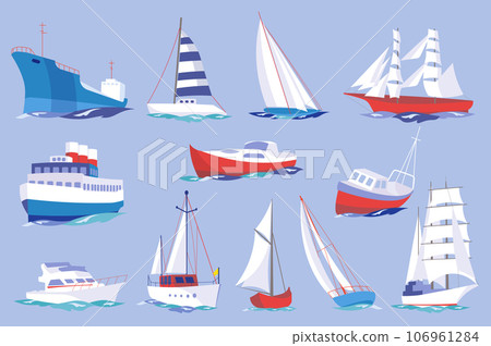Water transport mega set elements in flat design. Bundle of cruise liner, ships, sailboats, frigate, yachts and other floating or shipping marine vehicles. Vector illustration isolated graphic objects 106961284