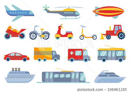 Transport mega set elements in flat design. Bundle of airplane, helicopter, airship, motorcycle, bike, kick scooter, tractor, car, truck, ships and other. Vector illustration isolated graphic objects Transport mega set elements in flat design. Bundle of airplane, helicopter, airship, motorcycle, bike, kick scooter, tractor, car, truck, ships and other. Vector illustration isolated graphic objects 106961285