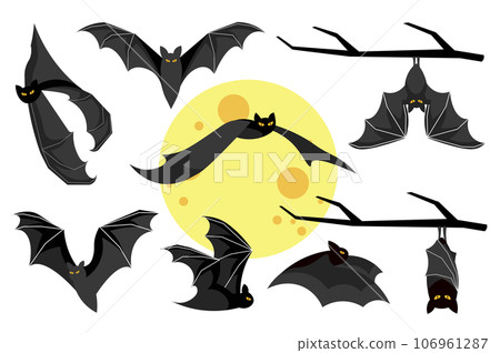 Cute spooky bats mega set elements in flat design. Bundle of flying by moon or hanging on branch Halloween characters with different types of wing poses. Vector illustration isolated graphic objects 106961287