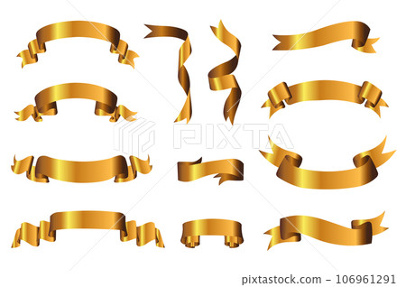 Gold ribbons mega set elements in flat design. Bundle of decorative shiny golden ribbons with empty space, swirling and scrolling holiday greeting banners. Vector illustration isolated graphic objects 106961291