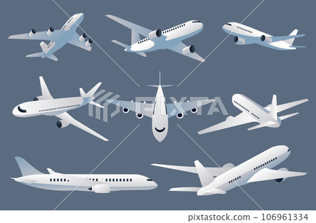 Passenger aircraft mega set elements in flat design. Bundle of flying planes with aviation turbine wings, airplanes in front, takeoff or landing views. Vector illustration isolated graphic objects 106961334