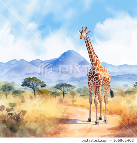 Watercolor illustration of giraffe walking on safari AI image 106961408