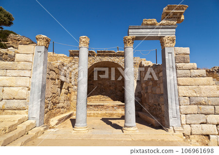 Ruin of a church or temple in the ancient city of Knidos, one of the ancient cities of Anatolia, Turkey Mugla Datca, June 26 2023 106961698