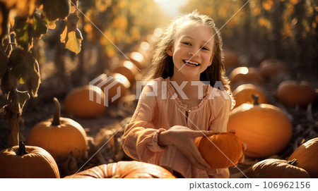 girl with orange pumpkins in the field 106962156