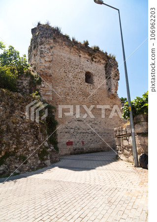 Ancient castle walls and ruins at Ulubat or Uluabat Lake Golyazi in Bursa, Turkey, June 25 2023 Ancient castle walls and ruins at Ulubat or Uluabat Lake Golyazi in Bursa, Turkey, June 25 2023 106962203