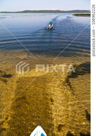 Touristic sightseeing boats around Ulubat or Uluabat Lake in Bursa, Turkey, June 25 2023 106962226