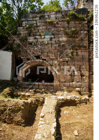 Ancient castle walls and ruins at Ulubat or Uluabat Lake Golyazi in Bursa, Turkey, June 25 2023 Ancient castle walls and ruins at Ulubat or Uluabat Lake Golyazi in Bursa, Turkey, June 25 2023 106962236