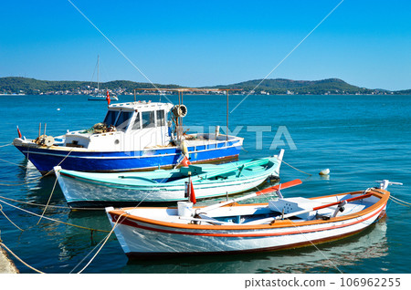 Fishing boats on the beach at Cunda island in Balikesir Ayvalik, Turkey, september 11 2020 106962255