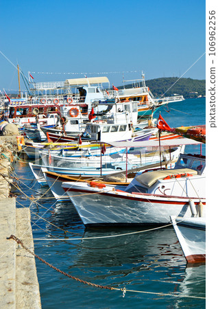 Fishing boats on the beach at Cunda island in Balikesir Ayvalik, Turkey, september 11 2020 106962256