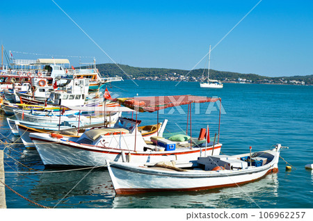 Fishing boats on the beach at Cunda island in Balikesir Ayvalik, Turkey, september 11 2020 106962257