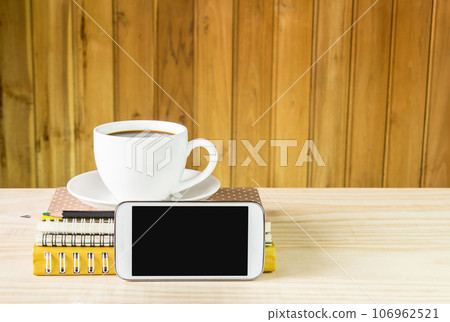 office supplies on wooden table 106962521