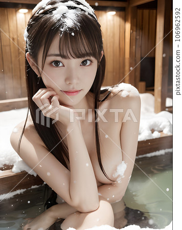 AI image: Young woman bathing in a hot spring open-air bath with snowy scenery 106962592