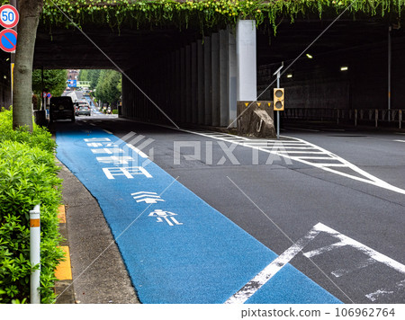 ``Regular bicycle lane'' painted with a blue band on the road surface 106962764