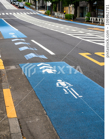 路面上塗有藍色帶子的“普通自行車道” 路面上塗有藍色帶子的“普通自行車道” 106962781