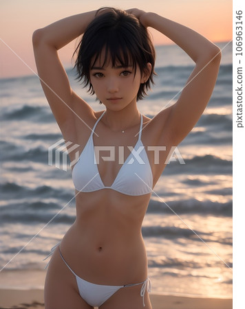 Beautiful girl with a short cut wearing a bikini at the sea at sunset 106963146