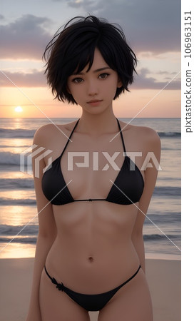 Beautiful girl with a short cut wearing a bikini at the sea at sunset Beautiful girl with a short cut wearing a bikini at the sea at sunset 106963151