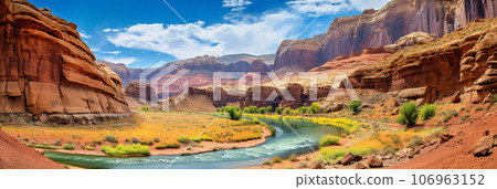 Canyon with steep cliffs, winding rivers, and layers of colorful rock formations 106963152