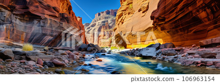 Canyon with steep cliffs, winding rivers, and layers of colorful rock formations Canyon with steep cliffs, winding rivers, and layers of colorful rock formations 106963154