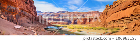 Canyon with steep cliffs, winding rivers, and layers of colorful rock formations 106963155