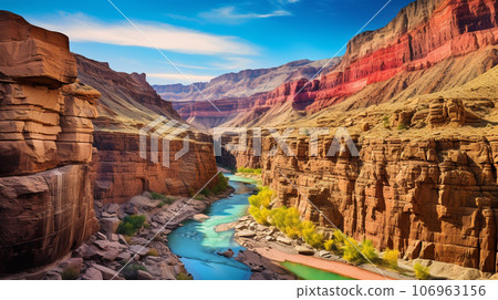 Canyon with steep cliffs, winding rivers, and layers of colorful rock formations 106963156