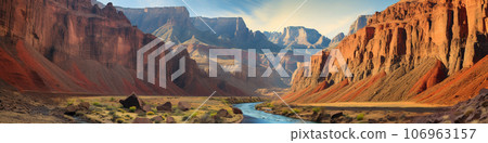 Canyon with steep cliffs, winding rivers, and layers of colorful rock formations 106963157