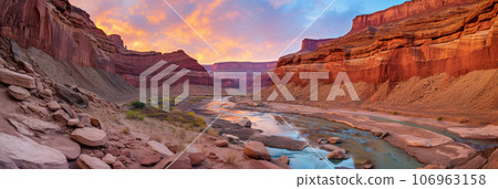 Canyon with steep cliffs, winding rivers, and layers of colorful rock formations Canyon with steep cliffs, winding rivers, and layers of colorful rock formations 106963158