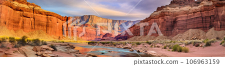 Canyon with steep cliffs, winding rivers, and layers of colorful rock formations Canyon with steep cliffs, winding rivers, and layers of colorful rock formations 106963159