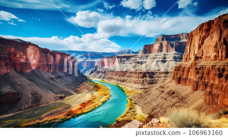 Canyon with steep cliffs, winding rivers, and layers of colorful rock formations 106963160