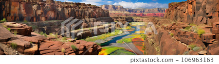 Canyon with steep cliffs, winding rivers, and layers of colorful rock formations Canyon with steep cliffs, winding rivers, and layers of colorful rock formations 106963163