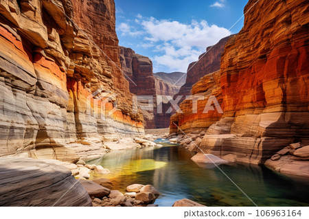 Canyon with steep cliffs, winding rivers, and layers of colorful rock formations 106963164
