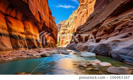 Canyon with steep cliffs, winding rivers, and layers of colorful rock formations 106963167