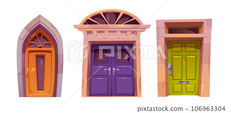 Front door cartoon house entrance with brick jambs Front door cartoon house entrance with brick jambs 106963304