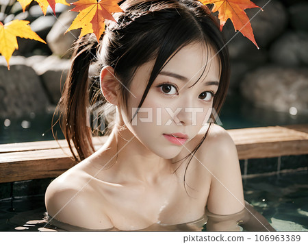 AI image: Young woman bathing in a hot spring open-air bath with autumn leaves AI image: Young woman bathing in a hot spring open-air bath with autumn leaves 106963389