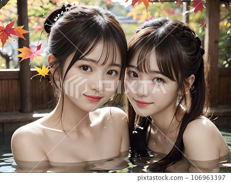 AI圖像:兩名年輕女子在秋葉露天溫泉浴池沐浴 AI圖像:兩名年輕女子在秋葉露天溫泉浴池沐浴 106963397