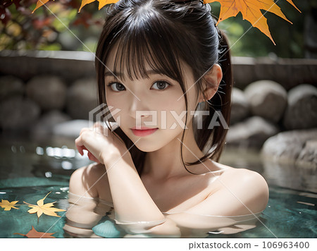 AI image: Young woman bathing in a hot spring open-air bath with autumn leaves AI image: Young woman bathing in a hot spring open-air bath with autumn leaves 106963400