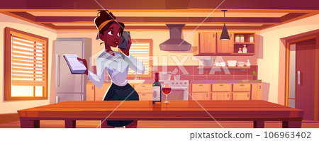 Woman with notebook talking on phone in kitchen. 106963402
