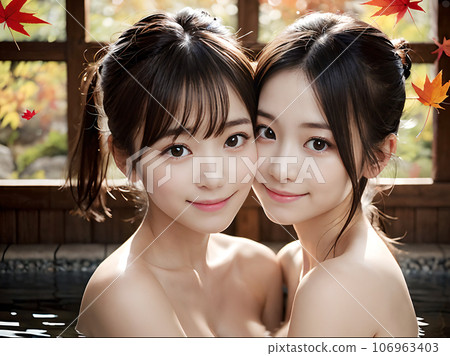 AI image: Two young women bathing in a hot spring open-air bath with autumn leaves AI image: Two young women bathing in a hot spring open-air bath with autumn leaves 106963403