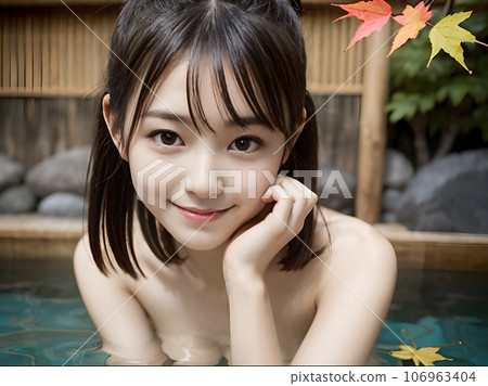 AI image: Young woman bathing in a hot spring open-air bath with autumn leaves AI image: Young woman bathing in a hot spring open-air bath with autumn leaves 106963404