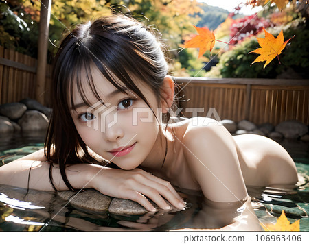 AI image: Young woman bathing in a hot spring open-air bath with autumn leaves 106963406