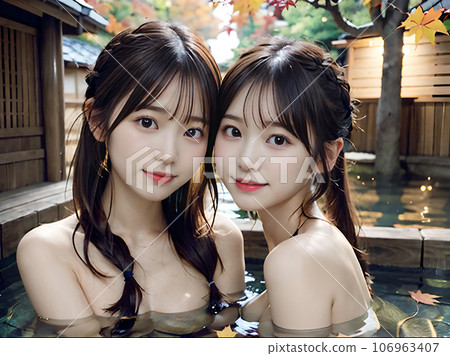 AI image: Two young women bathing in a hot spring open-air bath with autumn leaves 106963407