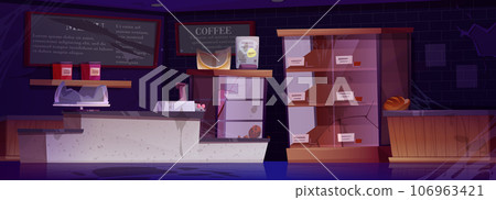 Abandoned cafe with dusty furniture, broken glass Abandoned cafe with dusty furniture, broken glass 106963421