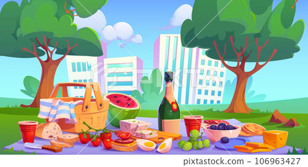Picnic in city park on grass with basket cartoon Picnic in city park on grass with basket cartoon 106963427