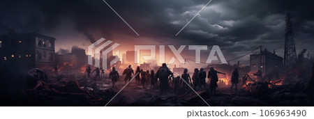Apocalypse fantasy scene with group of zombie walking. Halloween concept background Apocalypse fantasy scene with group of zombie walking. Halloween concept background 106963490