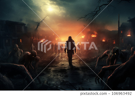 Apocalypse fantasy scene with group of zombie walking. Halloween concept background 106963492