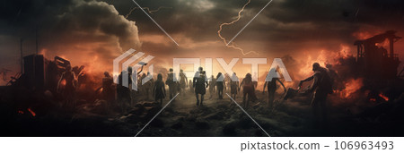 Apocalypse fantasy scene with group of zombie walking. Halloween concept background Apocalypse fantasy scene with group of zombie walking. Halloween concept background 106963493