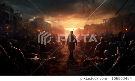 Apocalypse fantasy scene with group of zombie walking. Halloween concept background 106963494