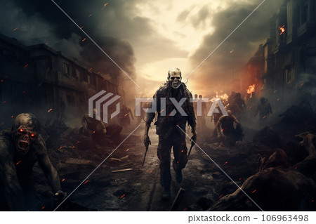 Apocalypse fantasy scene with group of zombie walking. Halloween concept background Apocalypse fantasy scene with group of zombie walking. Halloween concept background 106963498