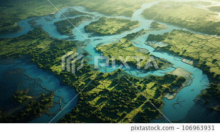 Aerial view of a river delta with lush green vegetation and winding waterways Aerial view of a river delta with lush green vegetation and winding waterways 106963931
